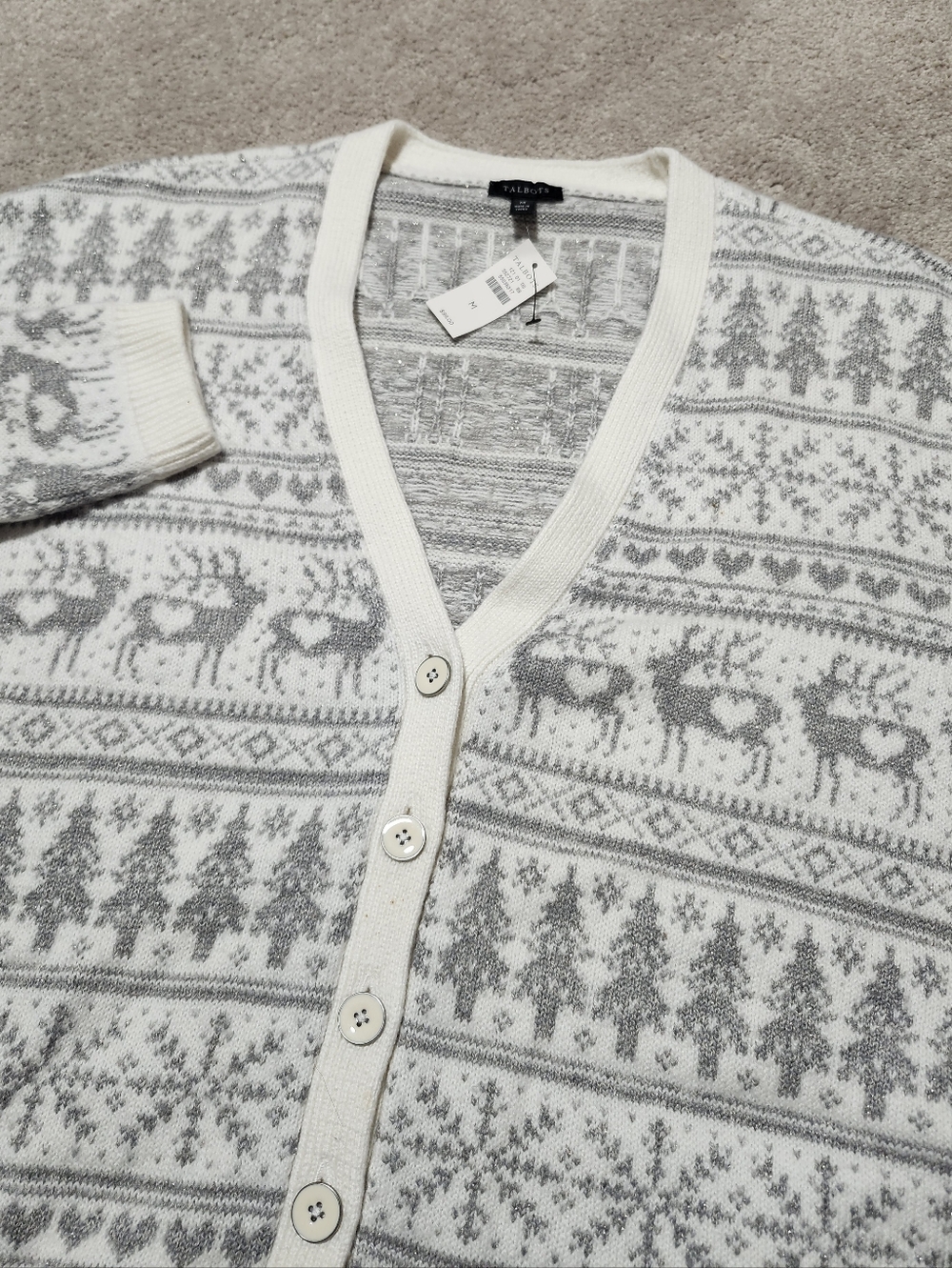 NWT Talbots Cream & Gray Fair‎ Isle Button-Up Holiday Cardigan Sweater Size M